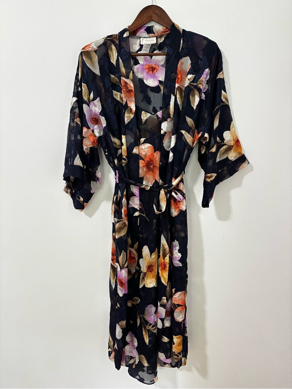 Expressions Small 2 Piece Floral Slip Gown Robe Set Sheer Navy Romantic